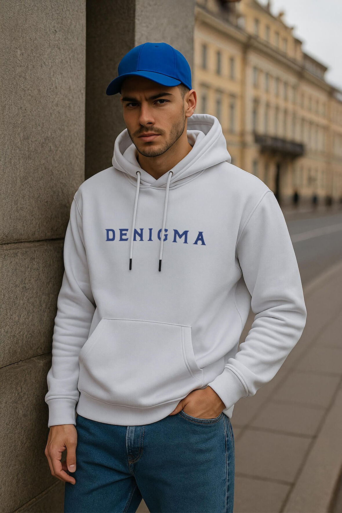 Erkek Kapüşonlu Cepli Yazı Baskılı Beyaz Sweatshirt