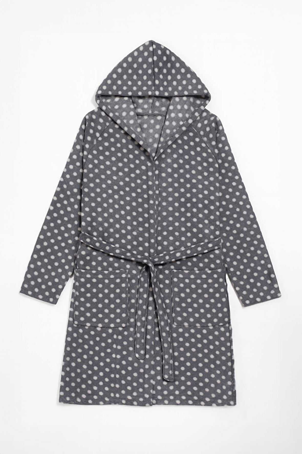 Kadın Kapüşonlu Puantiyeli Polar Sabahlık