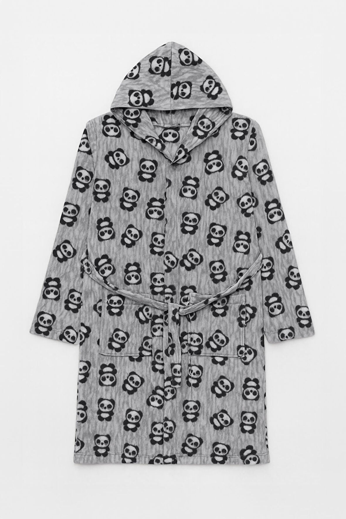 Kadın Kapüşonlu Panda Desenli Polar Sabahlık
