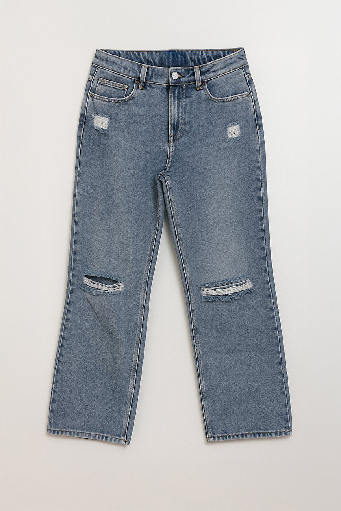 Kadın Yüksek Bel Wide Leg Yırtık Detaylı Buz Mavisi Jean Pantolon