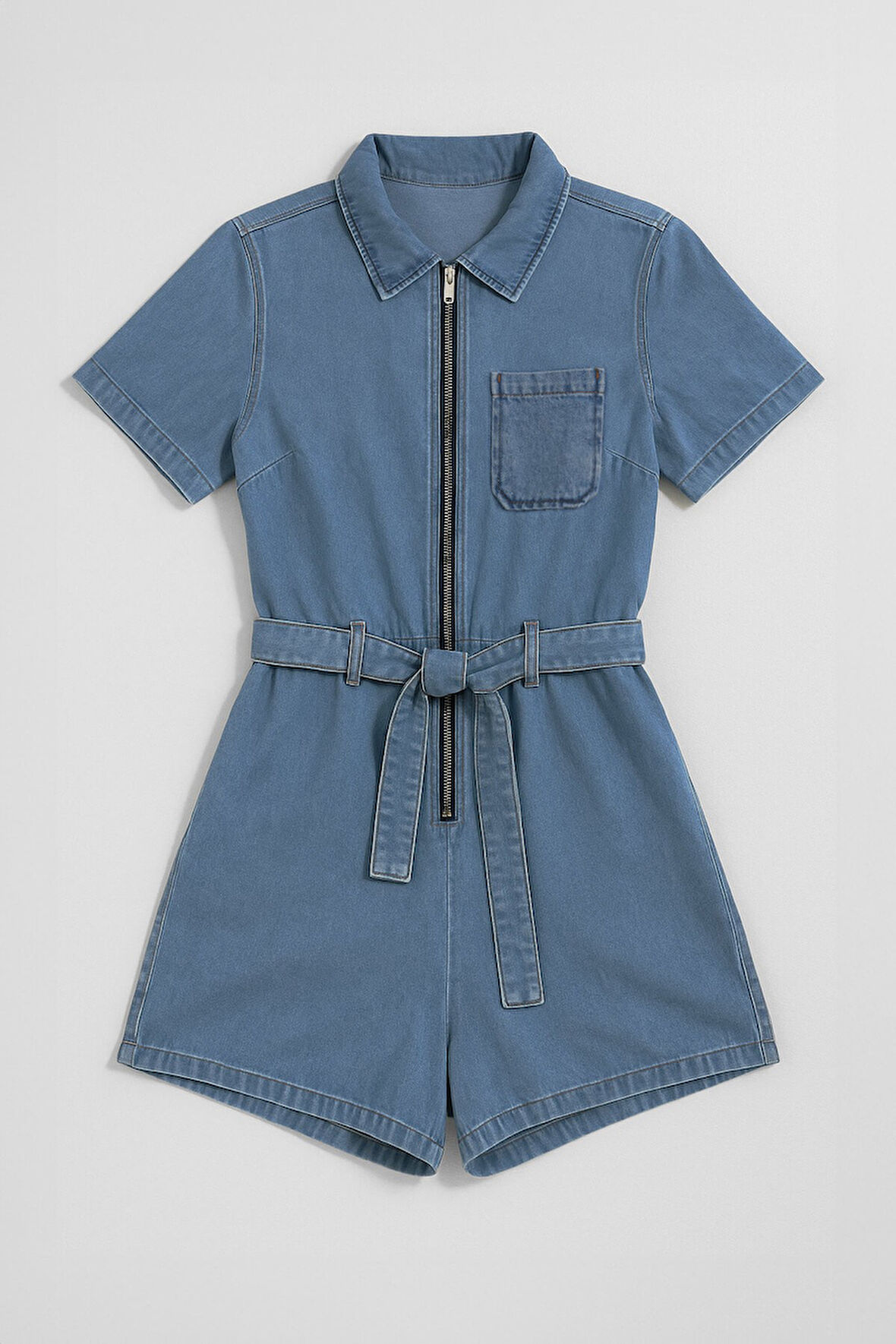 Kadın Kısa Kollu Fermuarlı Jean Tulum Şort