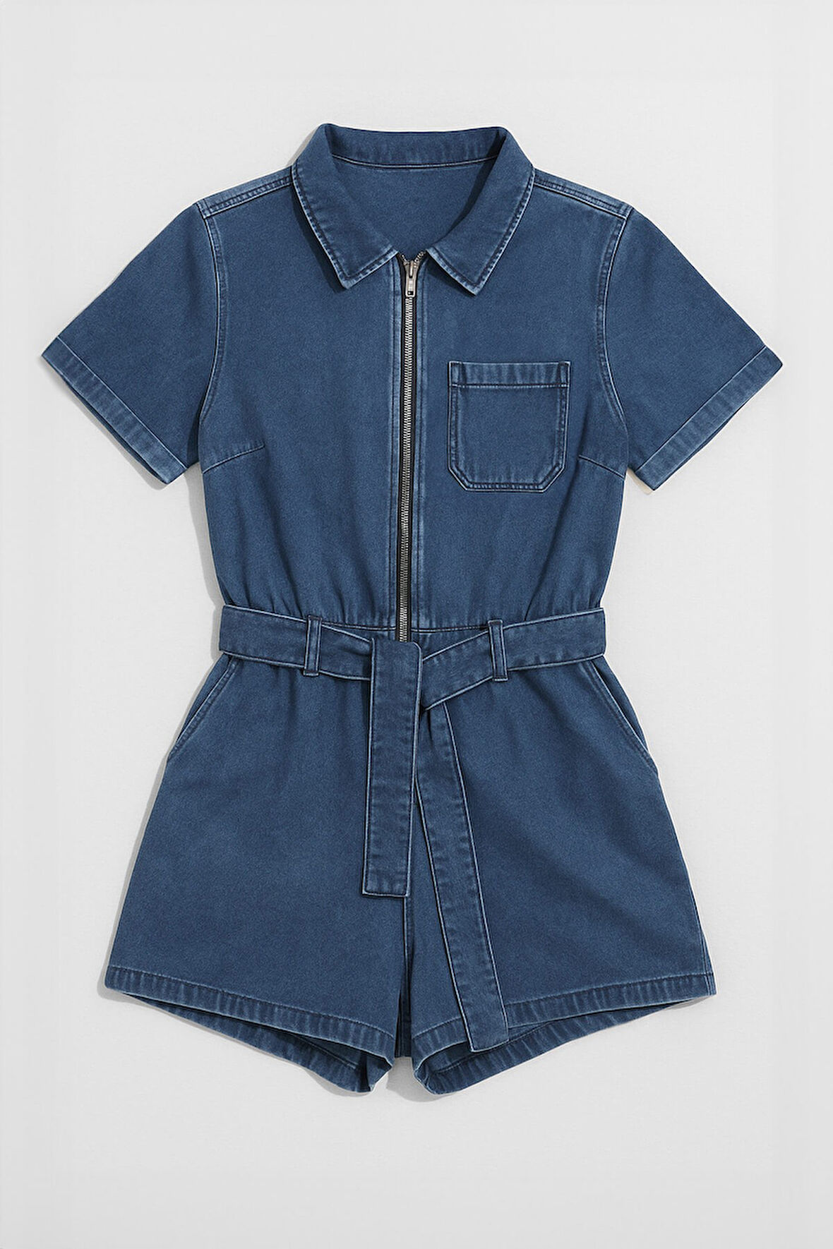 Kadın Kısa Kollu Fermuarlı Jean Tulum Şort