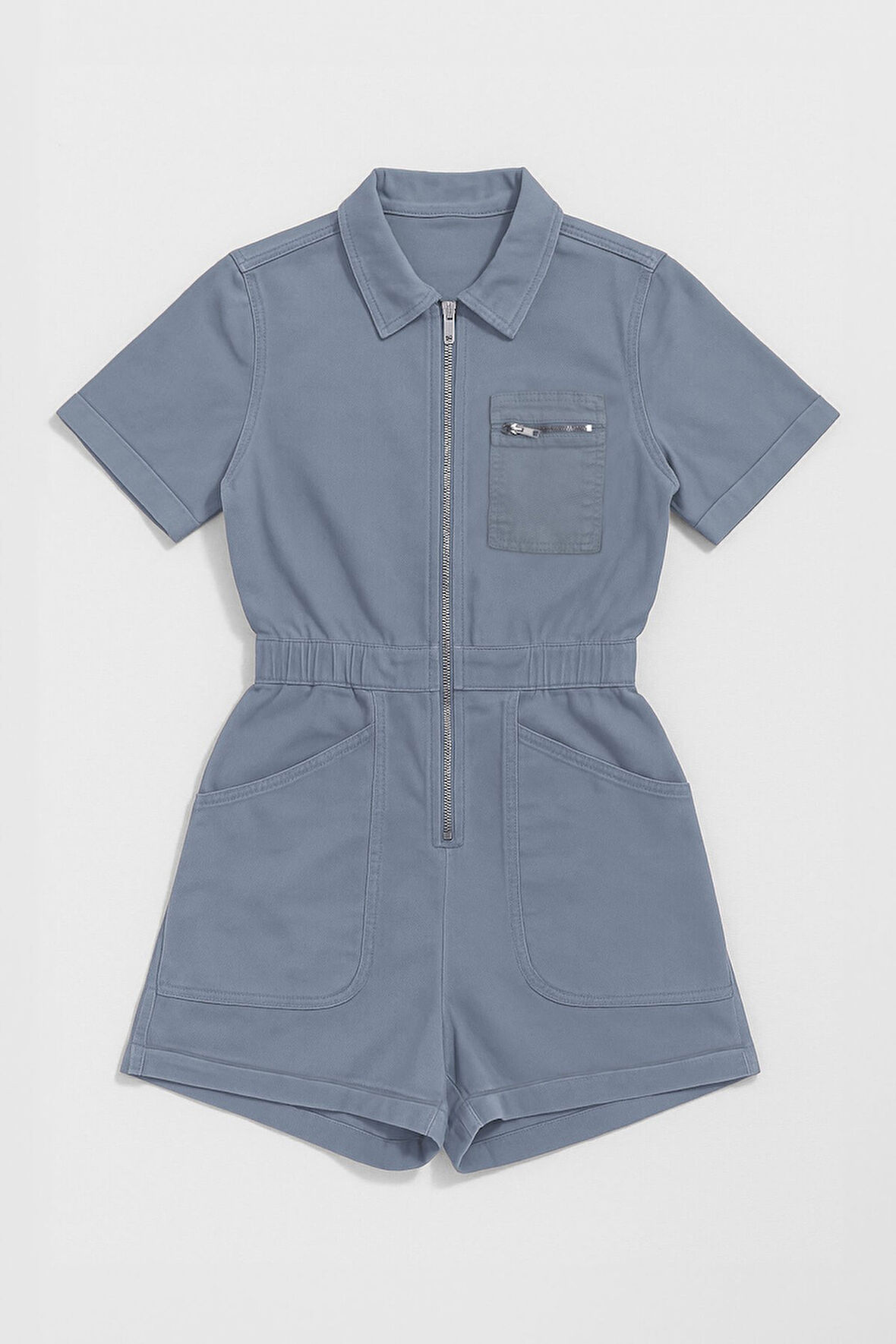 Kadın Kısa Kollu Fermuarlı Beli Lastikli Jean Tulum Şort