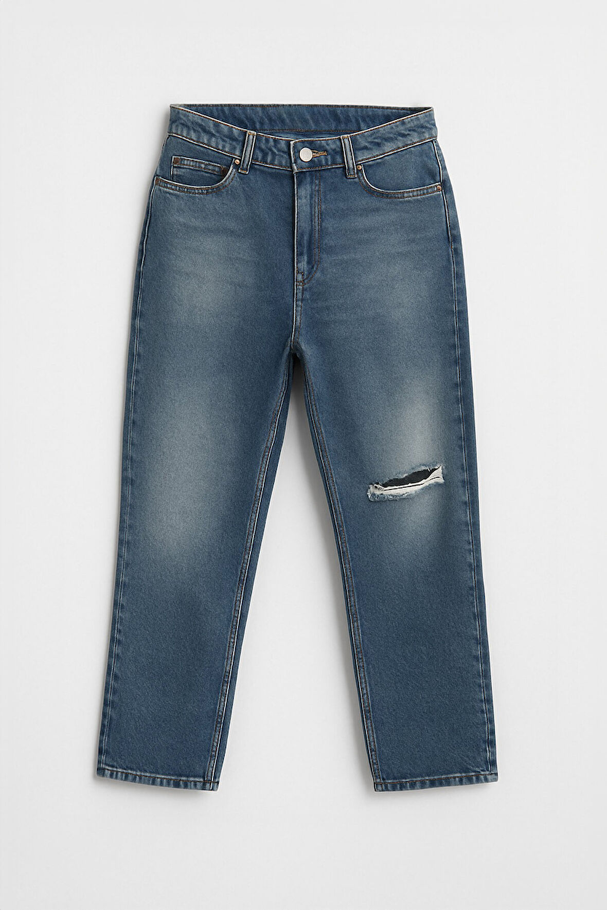 Kadın Yüksek Bel Straight Fit Mavi Dizi Yırtık Jean Pantolon