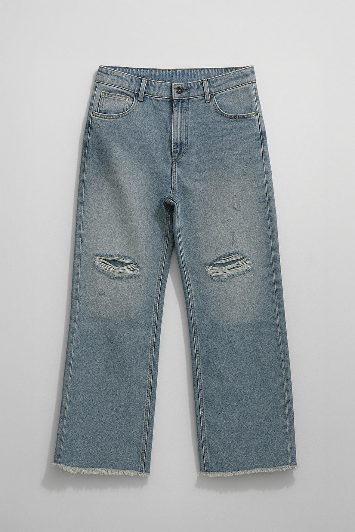 Kadın Yüksek Bel Wide Leg Dizi Yırtık Buz Mavi Jean Pantolon