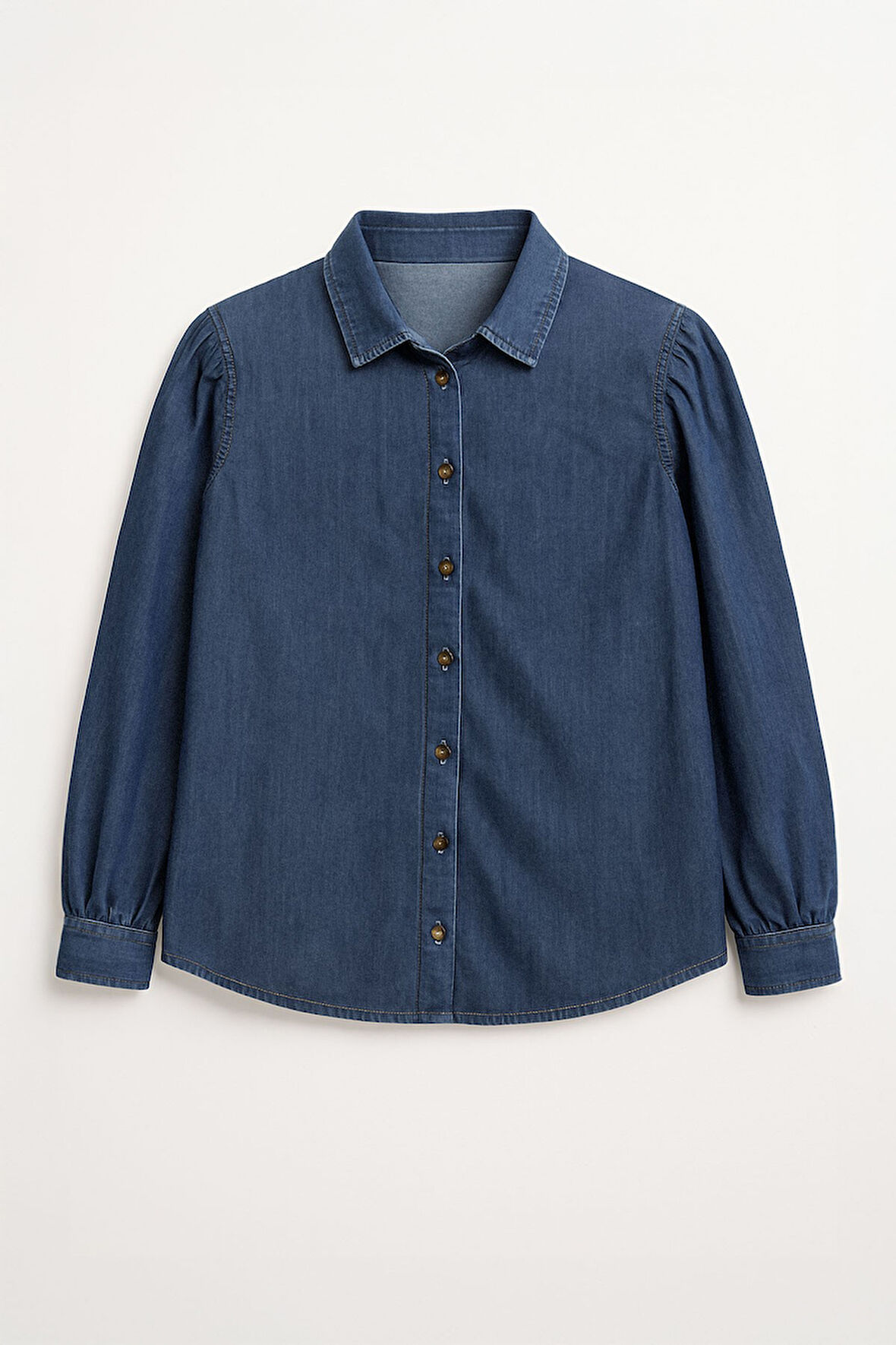 Kadın Uzun Balon Kollu %100 Pamuk Mavi Jean Gömlek