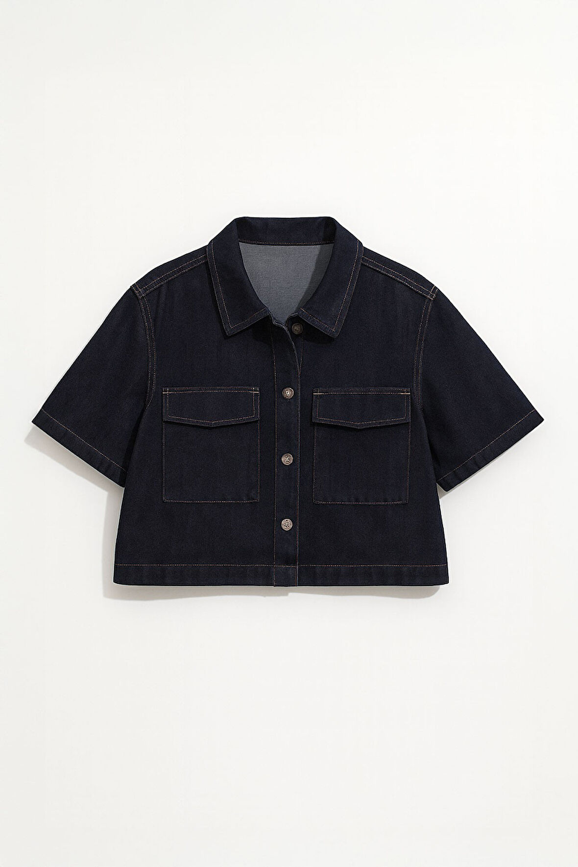 Kadın Regular Fit Cepli Lacivert Crop Jean Gömlek