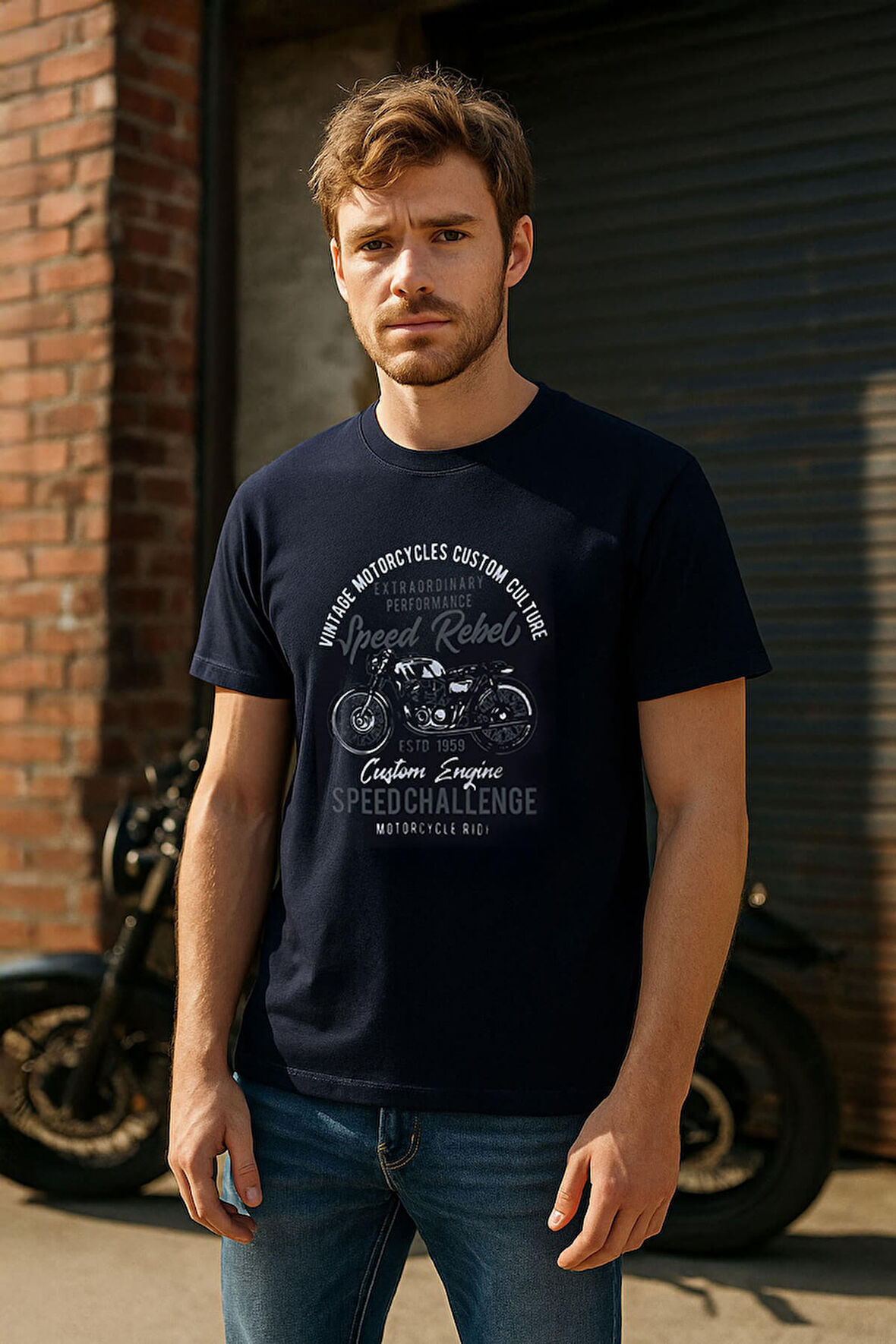 Erkek %100 Pamuk Bisiklet Yaka Motor Baskılı T-shirt