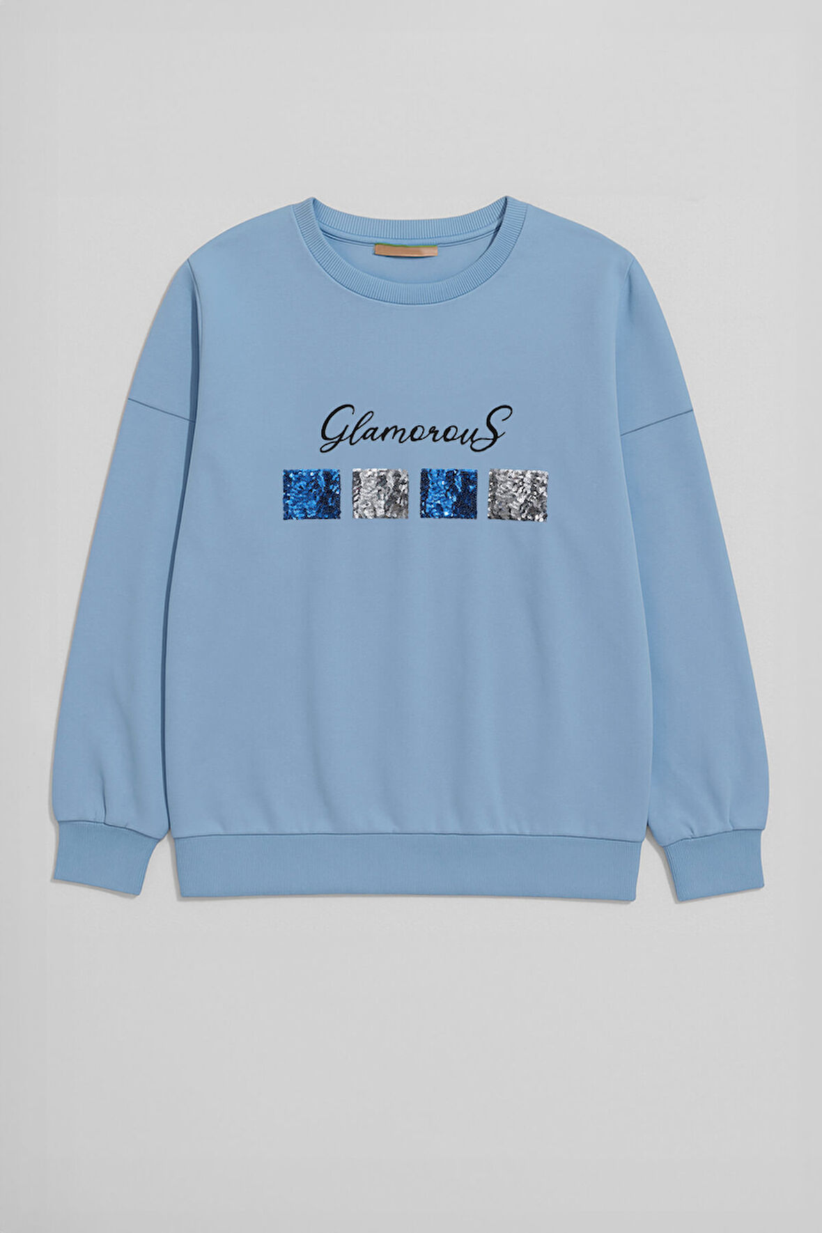 Kadın Bisiklet Yaka Pul Detaylı Mavi Sweatshirt