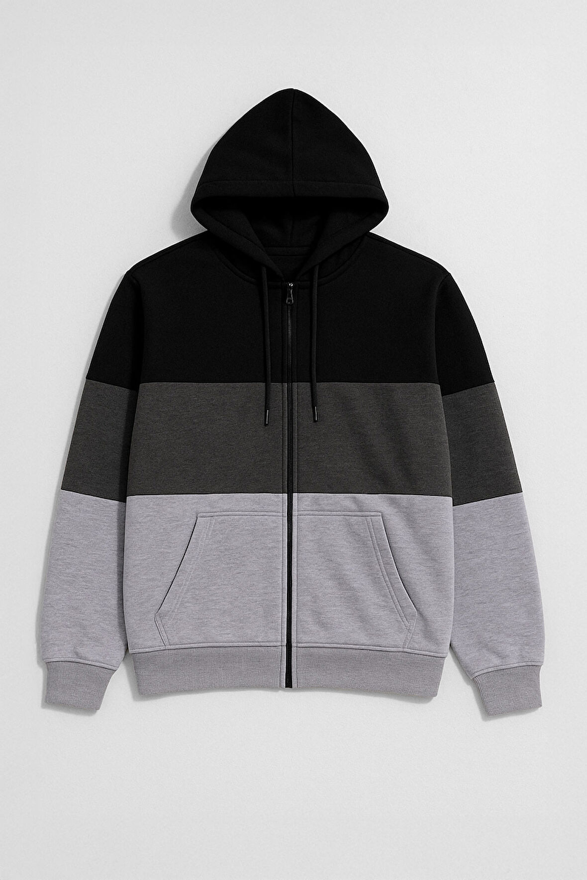 Erkek Fermuarlı Kapüşonlu Cepli İçi Polarlı Parçalı Sweatshirt