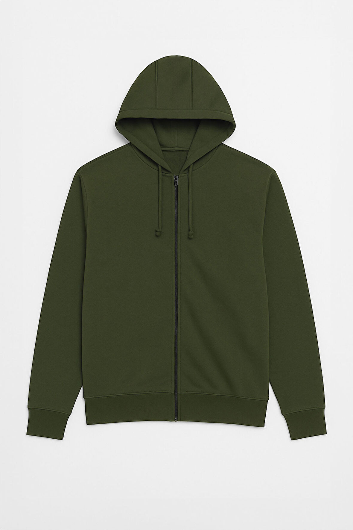 Erkek Fermuarlı Kapüşonlu İçi Polarlı Haki Sweatshirt