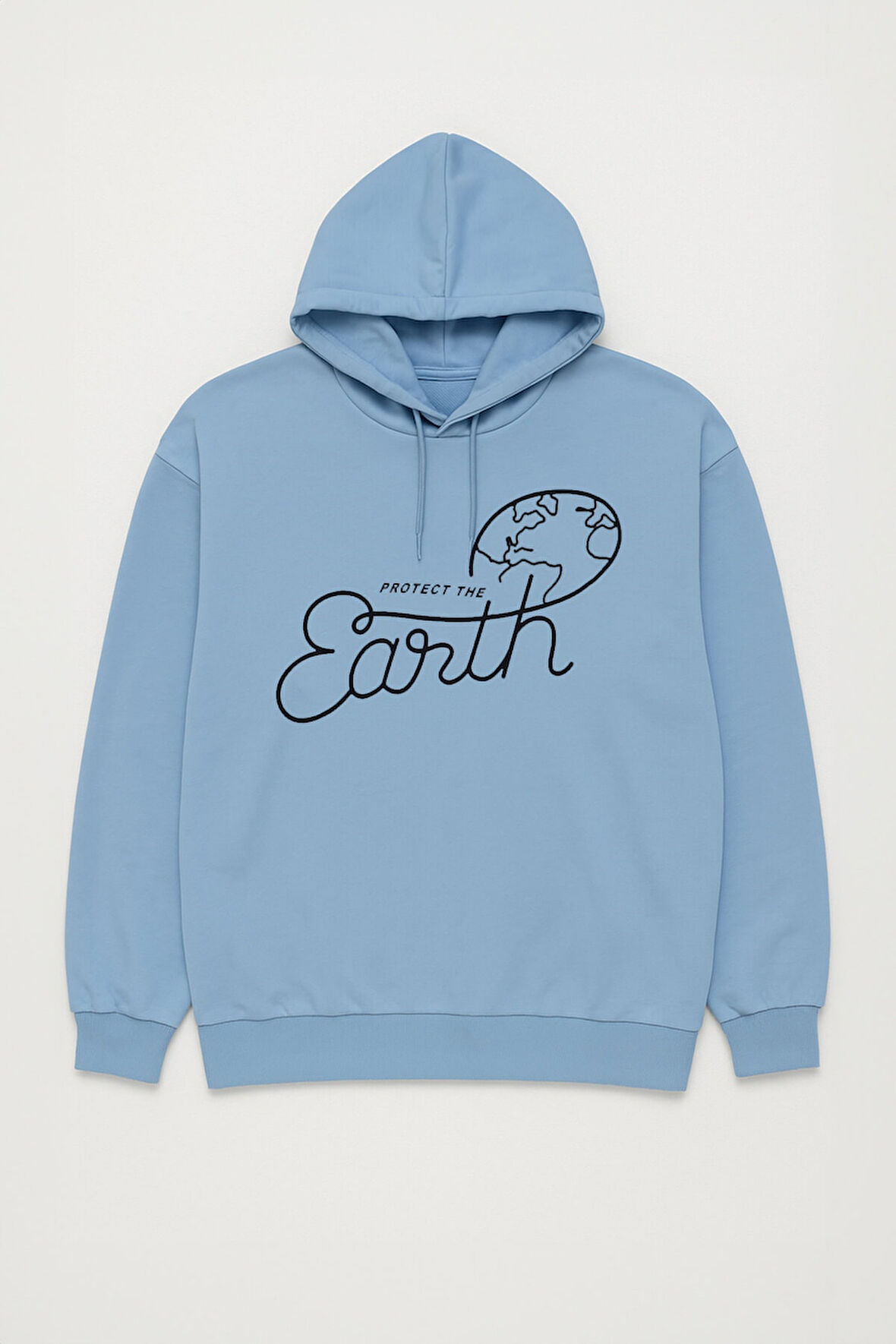 Kadın Kapüşonlu Dünya Baskılı Mavi Sweatshirt