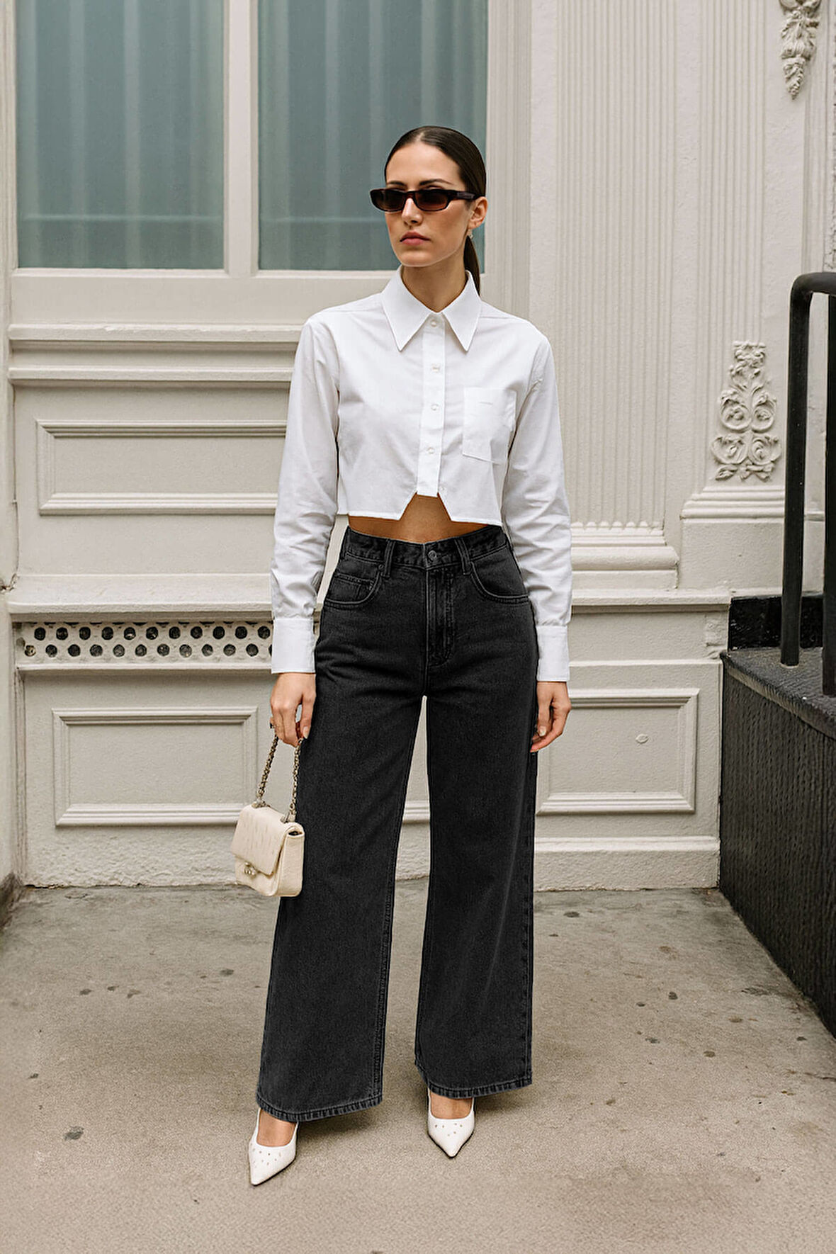 Kadın Siyah Yüksek Bel Wide Leg Jean Pantolon