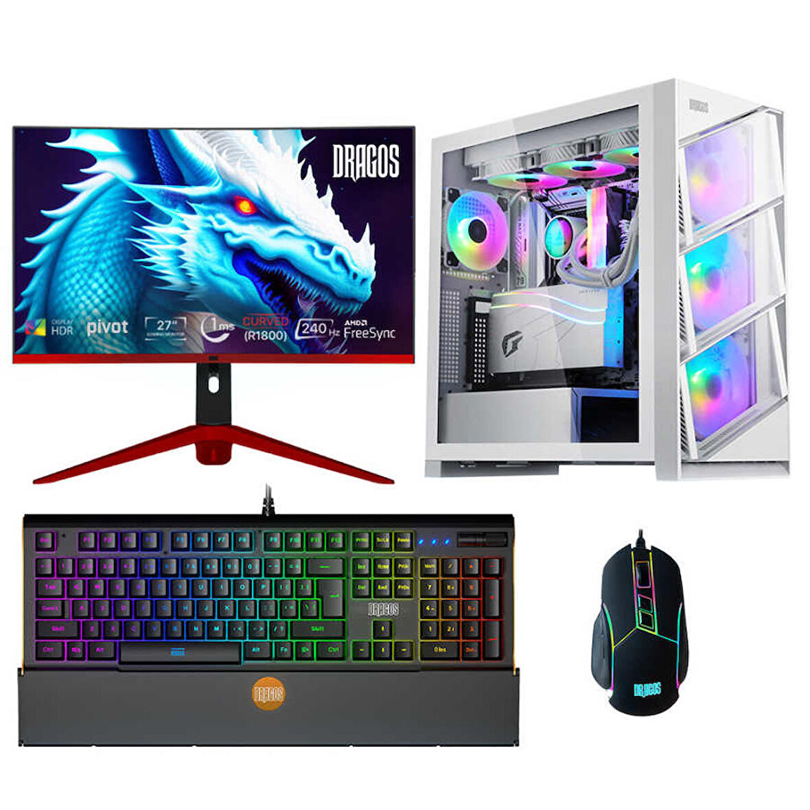 Dragos DRx5574 Ryzen 5 7600 64GB DDR5 Ram 1TB M.2 NVMe SSD 12GB RTX3060 Ekran Kartı 27 İnç 240Hz Curved Monitör Masaüstü Oyuncu Bilgisayarı