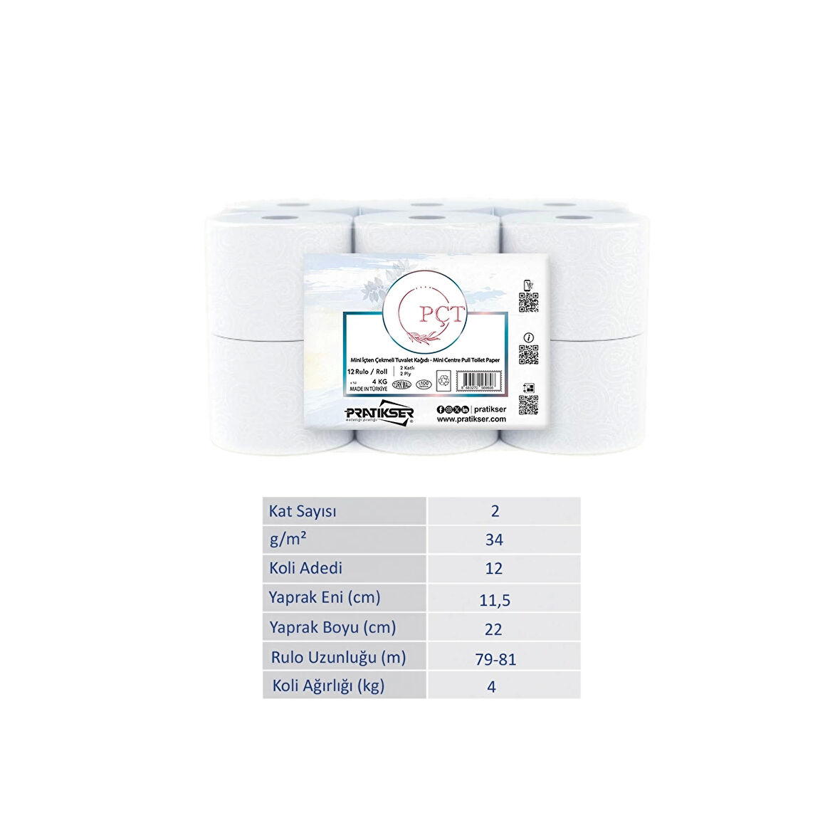 PÇT - Mini İçten Çekmeli Tuvalet Kağıdı - 2Ply - 4 Kg/12 Rulo