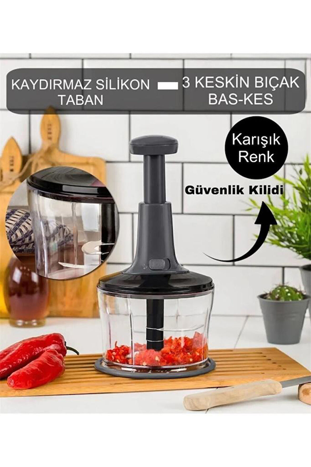 Rondom Çelik 3 Bıçaklı Pratik Basmalı El Rondosu Doğrayıcı Büyük Boy