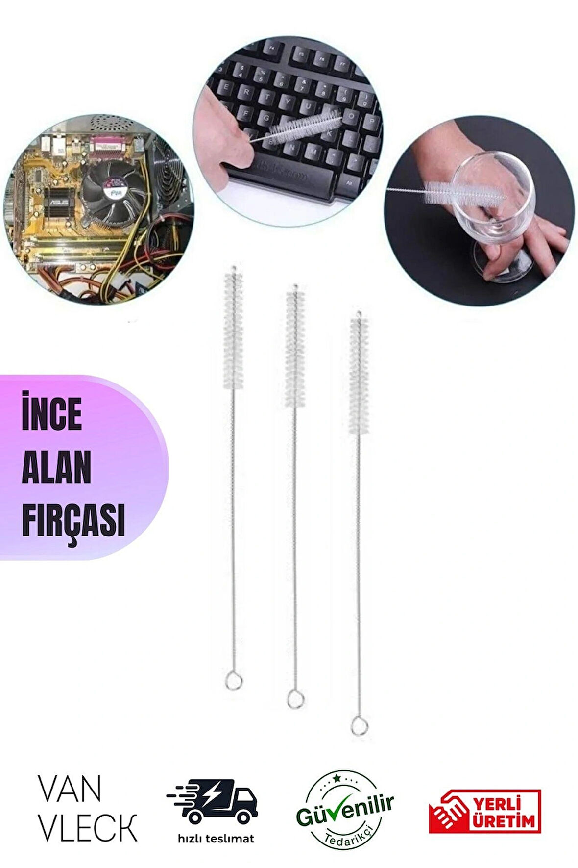 3’lü 24 cm Pipet Temizleme Teli – İnce Alanlar İçin Fırça, Paslanmaz, Dar Yüzey Temizleyici