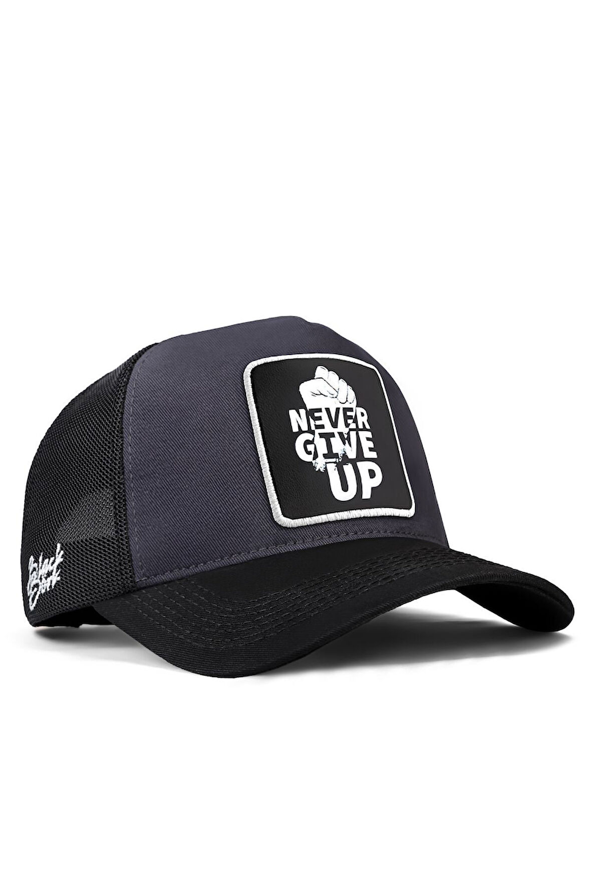 Never Give Up Logolu Siyah-Antrasit Trucker Şapka