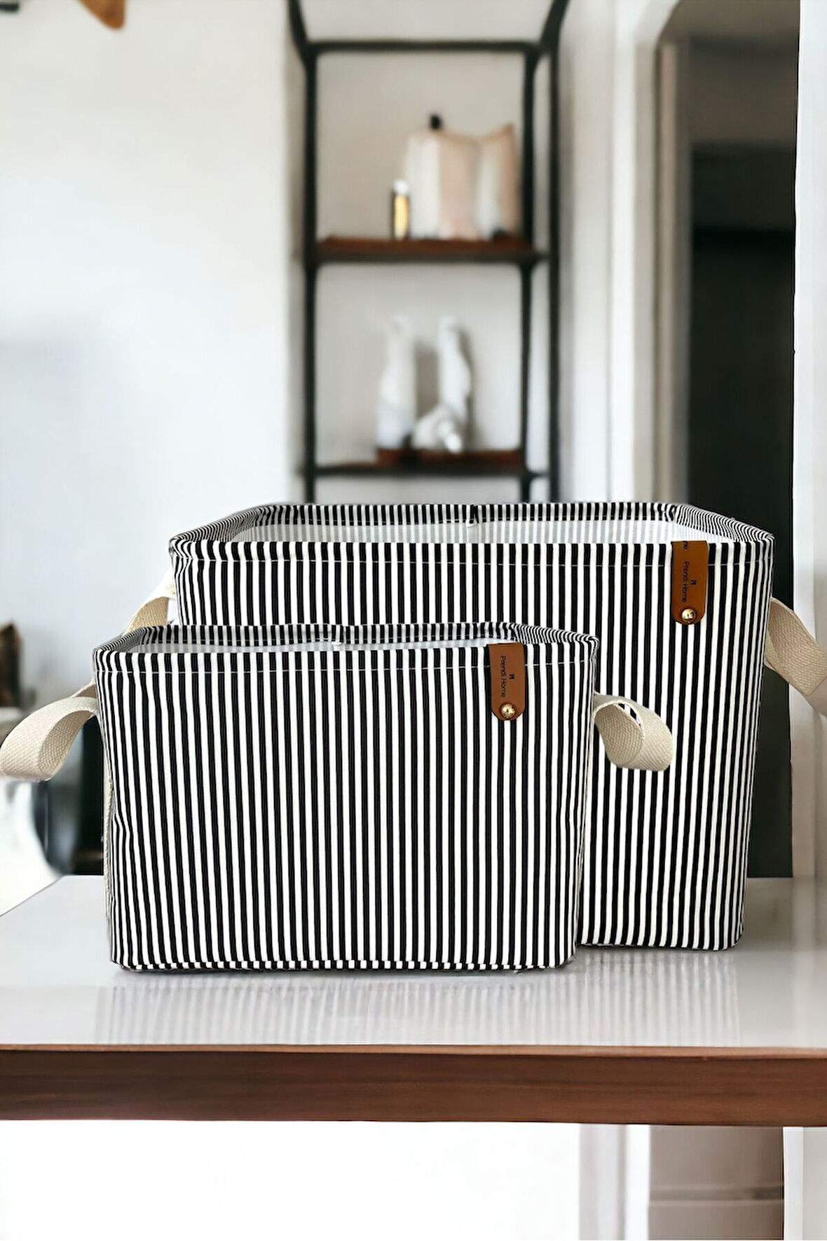 Siyah Çizgili Çok Amaçlı Dolap Içi Oyuncak Saklama Kutusu Sepeti Organizer 2'li 18x22x30 / 37x27x25