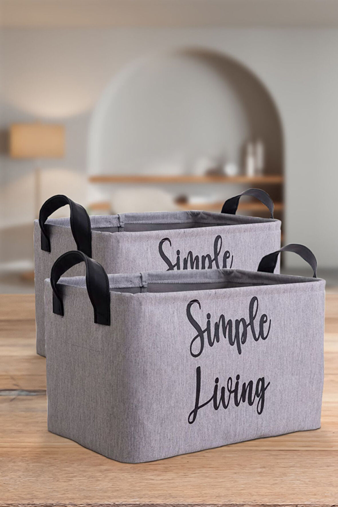 Gri Simple Living Baskılı Orta Boy 2'li Düzenleyici Saklama Sepeti Set 30x22x18