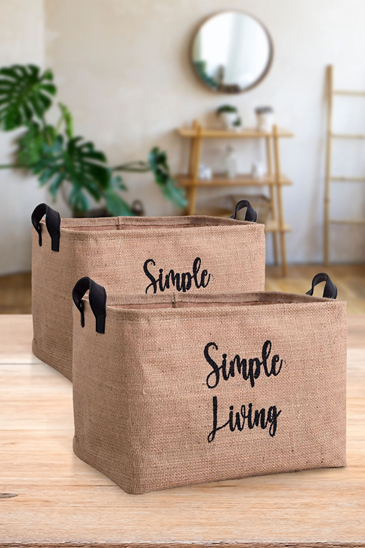 Jüt Simple Living Baskılı Küçük Boy 2'li Düzenleyici Saklama Sepeti Set 15x25x18