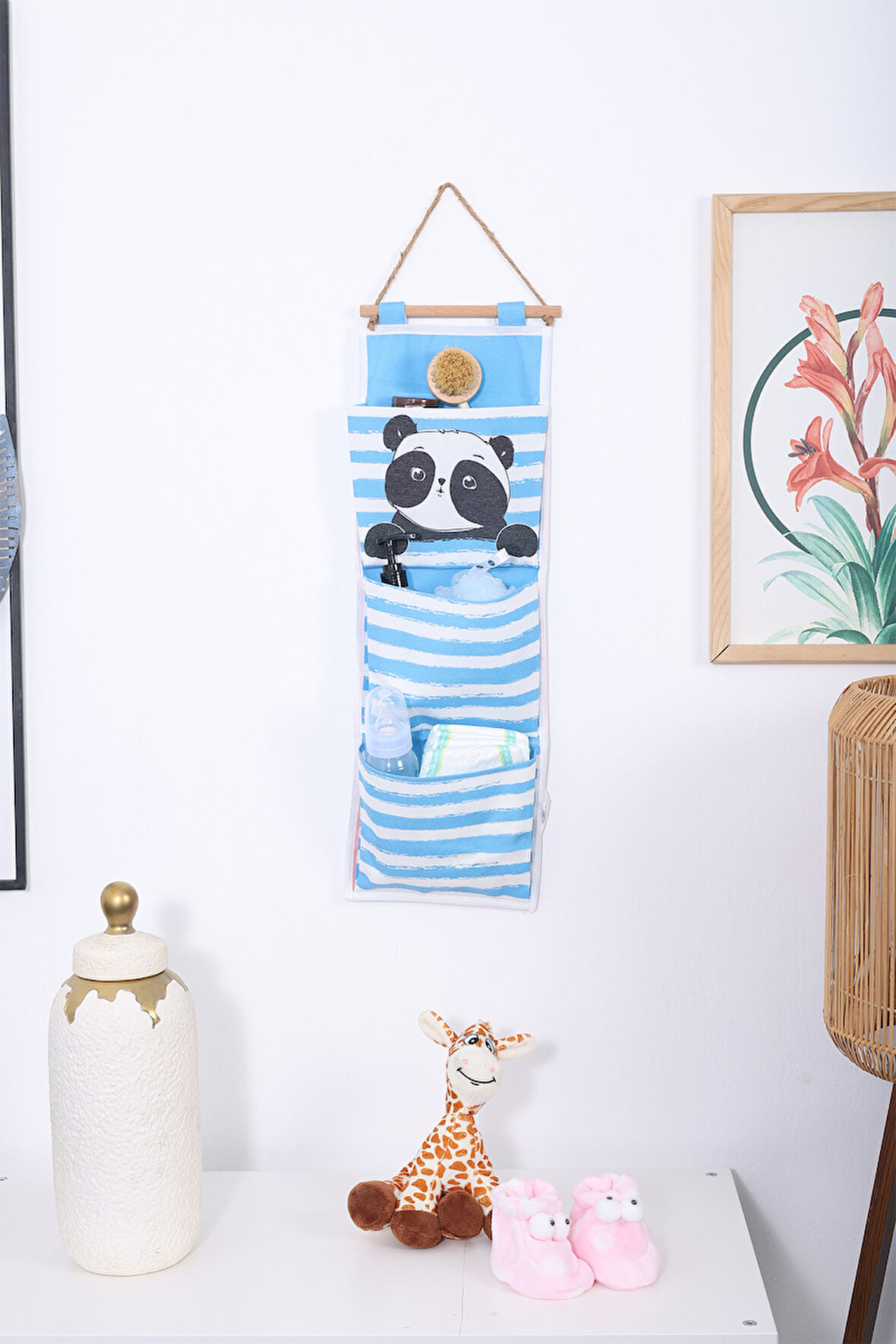 Panda Baskılı 3 Cepli Çok Amaçlı Askılı Duvar Tipi Dolap Içi Banyo Mutfak Düzenleyici Organizer 20 x 60