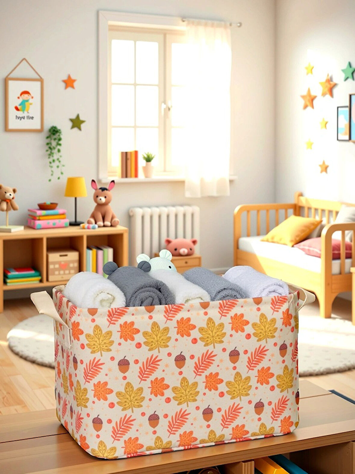 Sonbahar Desenli Çok Amaçlı Dolap Içi Düzenleyici Dekoratif Dikdörtgen Düzenleyici Sepet 30 x 22 x 18