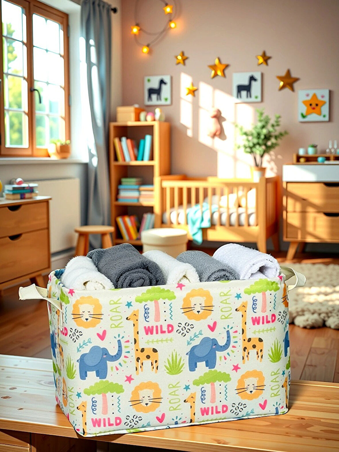 Elephant Desenli Çok Amaçlı Dolap Içi Düzenleyici Dekoratif Dikdörtgen Düzenleyici Sepet 30 x 22 x 18