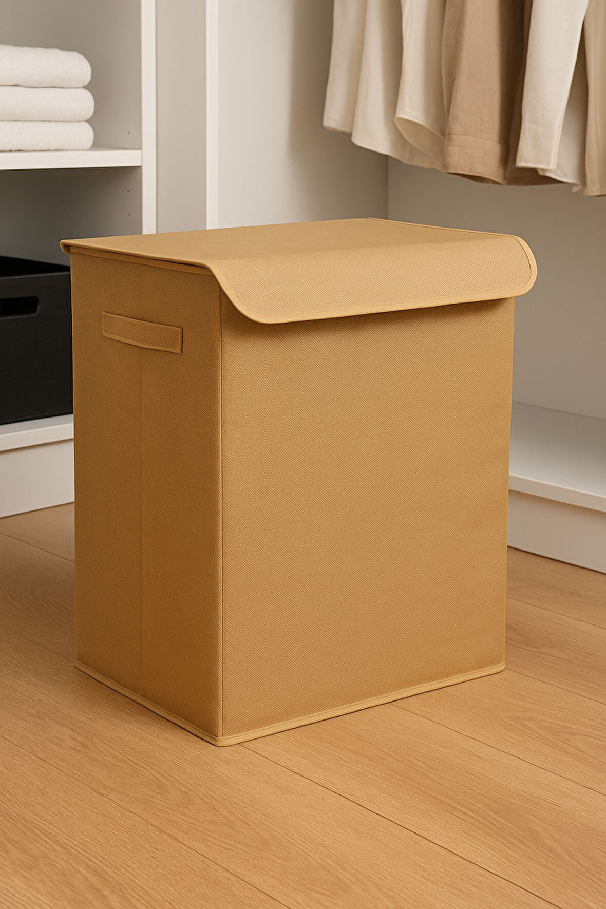 Bej Kapaklı Katlanır Kirli Çamaşır Çocuk Odası Oyuncak Saklama Kutusu Sepet 40x50x30