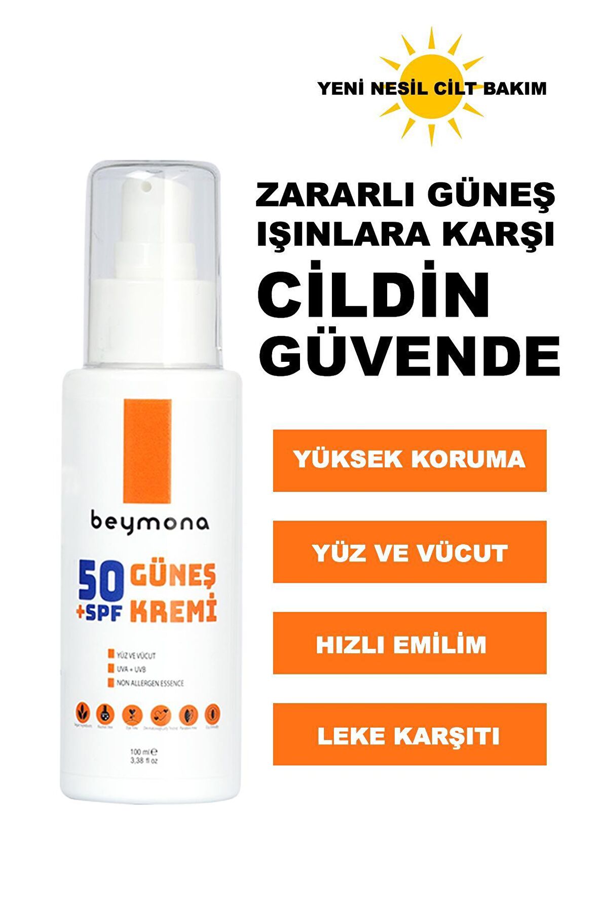 Beymona 50spf+ Çok Yüksek Koruyuculu Yüz ve Vücut Güneş Kremi 100ml