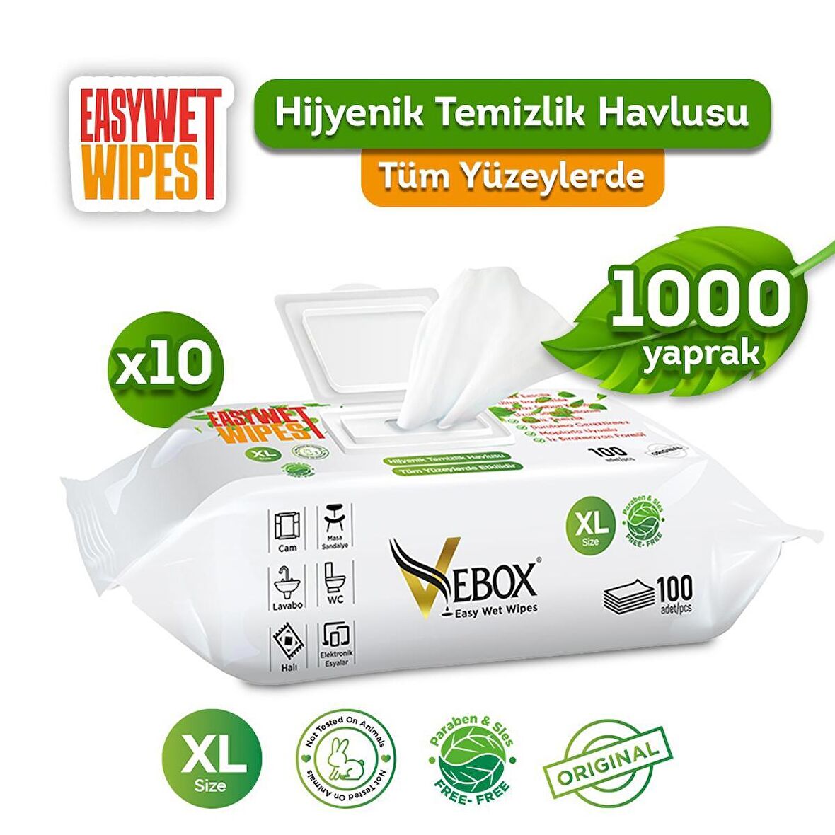 Vebox Easy Wet Wipes Yüzey Temizleme Havlusu 10x100  1000 Yaprak