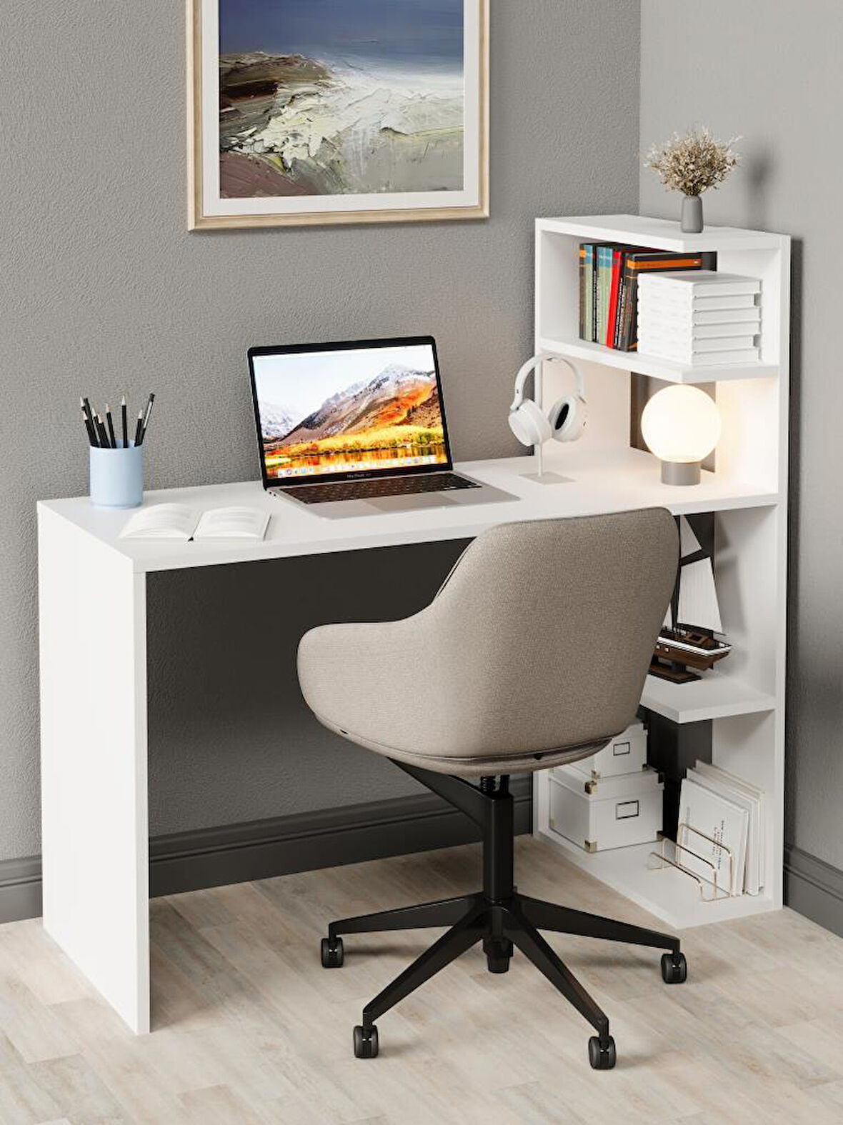 Luga Kitaplıklı Raflı Çalışma Masası Beyaz