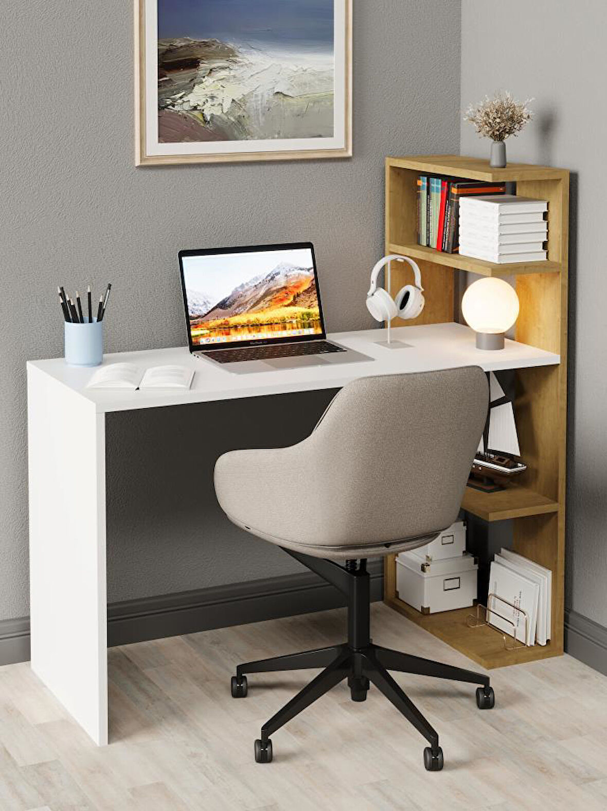 Luga Kitaplıklı Raflı Çalışma Masası Safir Meşe