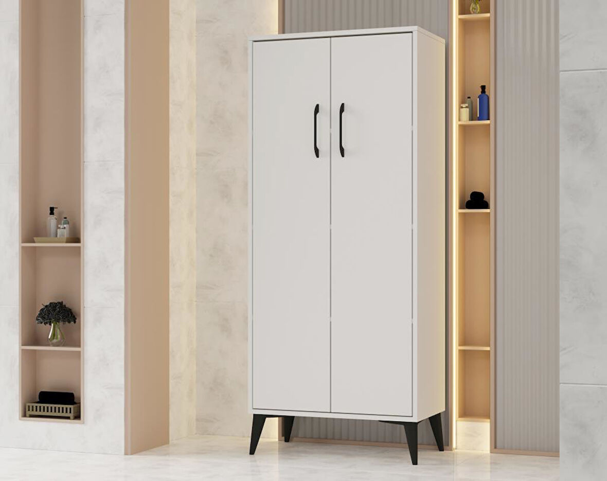 Flano Beyaz  Çok Amaçlı Dolap İki Kapaklı Dört Raflı Mutfak,Banyo,Hol,Balkon,Ofis,Ayakkabılık