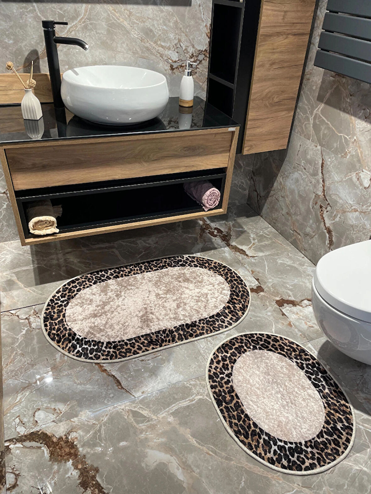 2 'li Leopar Desen Oval Banyo Paspası - Kahverengi Ebat (60X100 - 60X50)