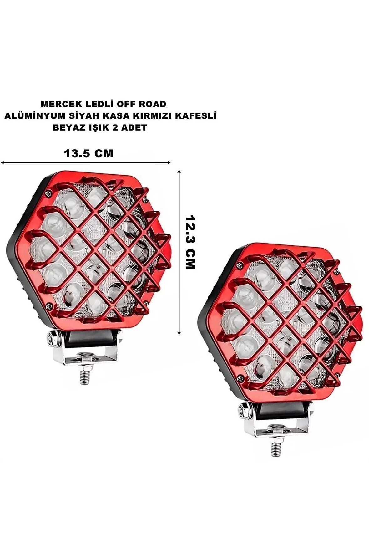 Off Road Led Lamba Kafesli Alüminyum Kırmızı Kasa Beyaz Sabit Led 12,3 X 13,5 Cm 2 Adet Uyumlu