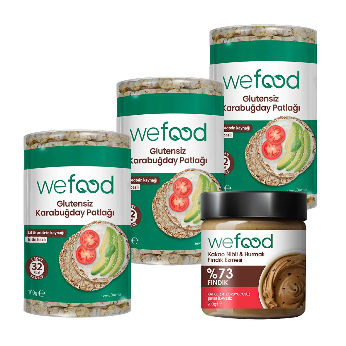 Wefood Kakao Nibli Fındık Ezmesi 200 gr +Wefood Glutensiz Karabuğday Patlağı 100 gr 3'lü
