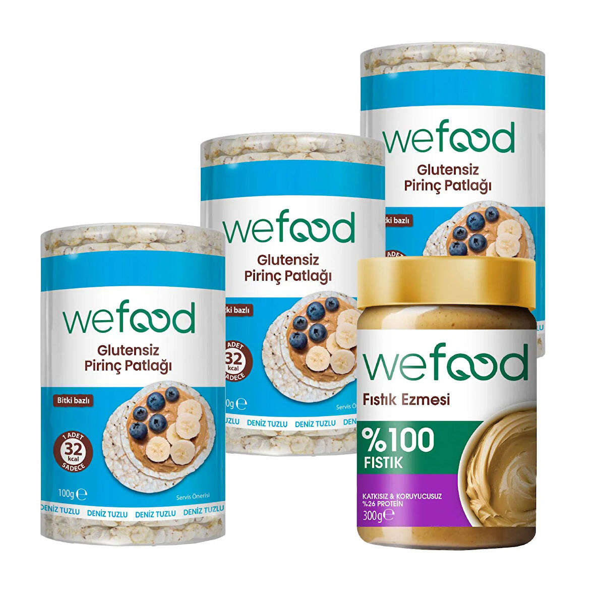 Wefood %100 Fıstık Ezmesi 300 gr + Wefood Glutensiz Pirinç Patlağı 100 gr 3'lü