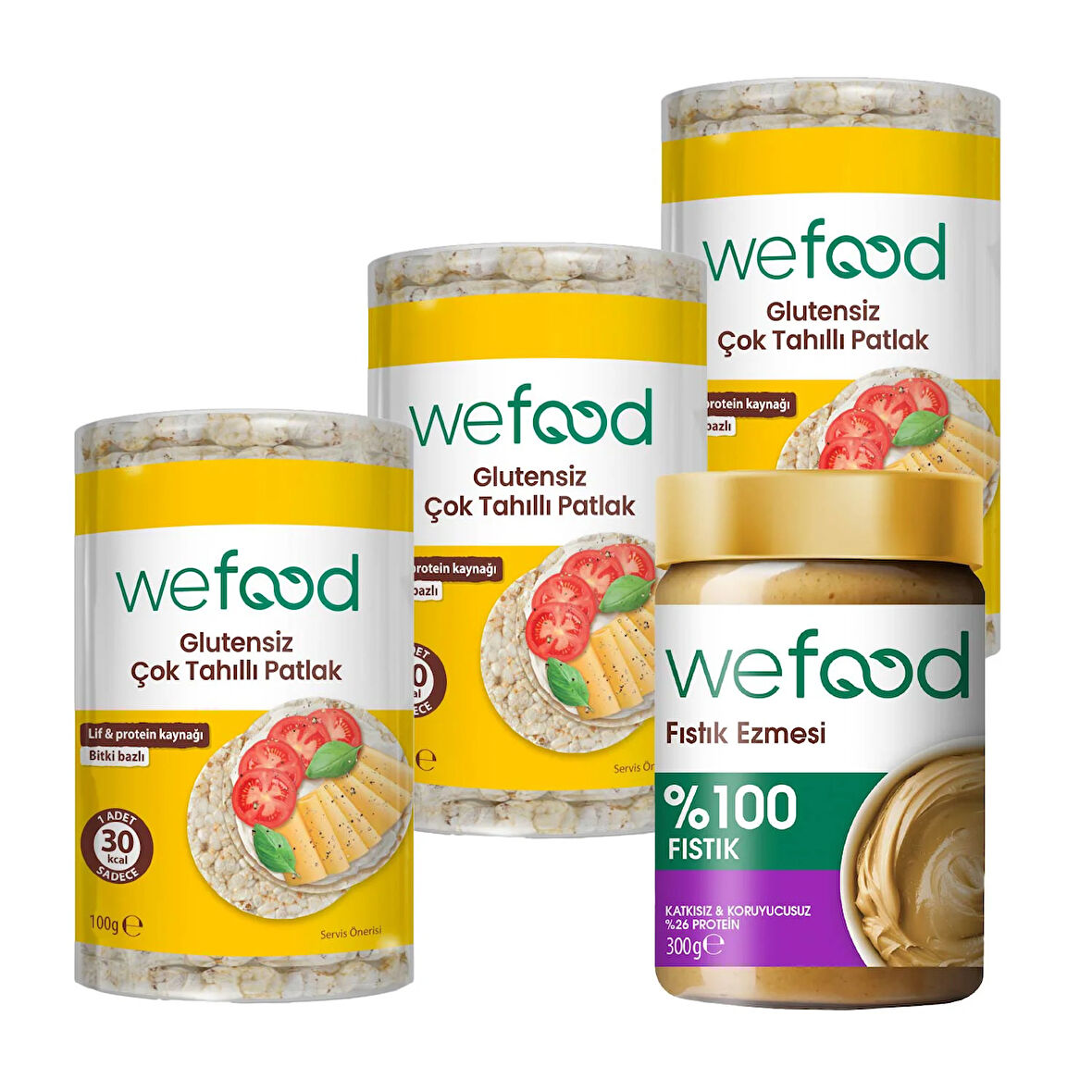 Wefood %100 Fıstık Ezmesi 300 gr + Wefood Glutensiz Çok Tahıllı Patlak 100 gr 3'lü