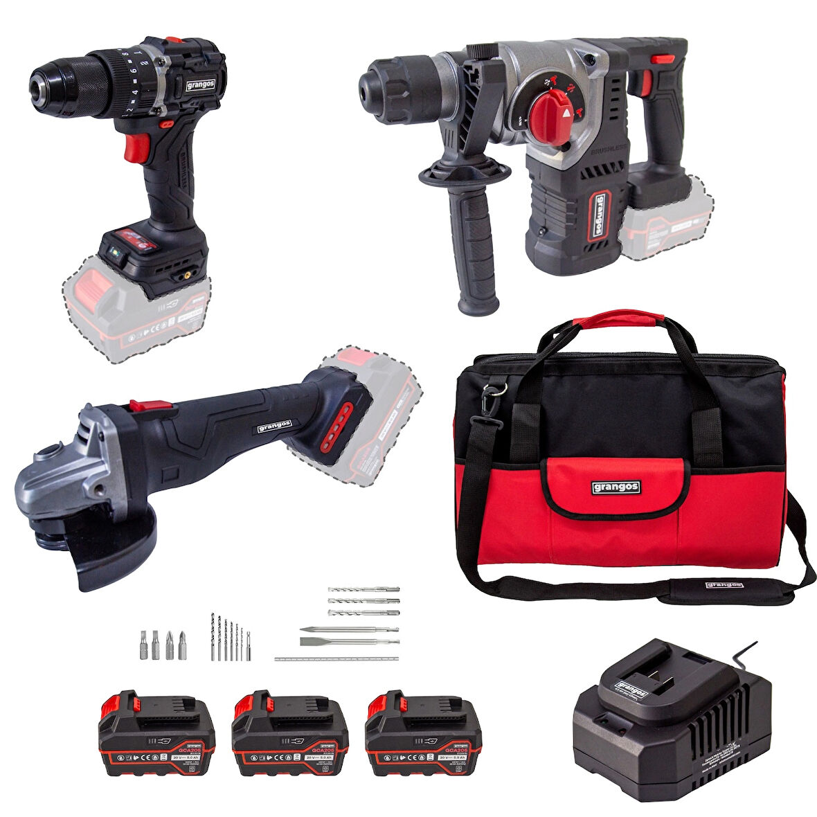 Grangos 20V Kömürsüz Akülü Set – Darbeli Matkap Vidalama, Avuç Taşlama, Kırıcı Delici – 3×5.0Ah Akü, Hızlı Şarj, Çanta, Aksesuar Hediyeli