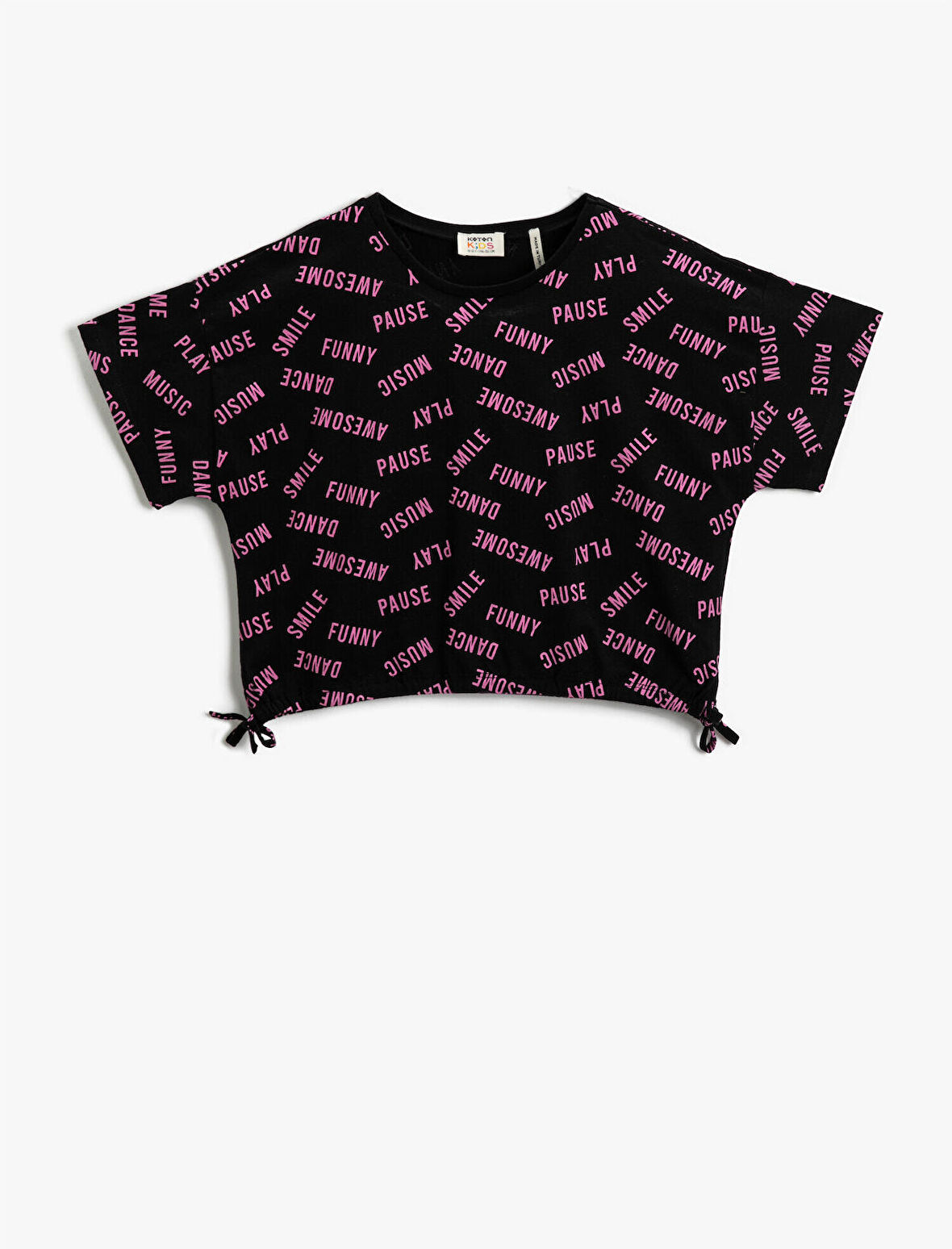 Slogan Baskılı Kısa Kollu Tişört Pamuklu Yanları Fiyonk Bağlamalı