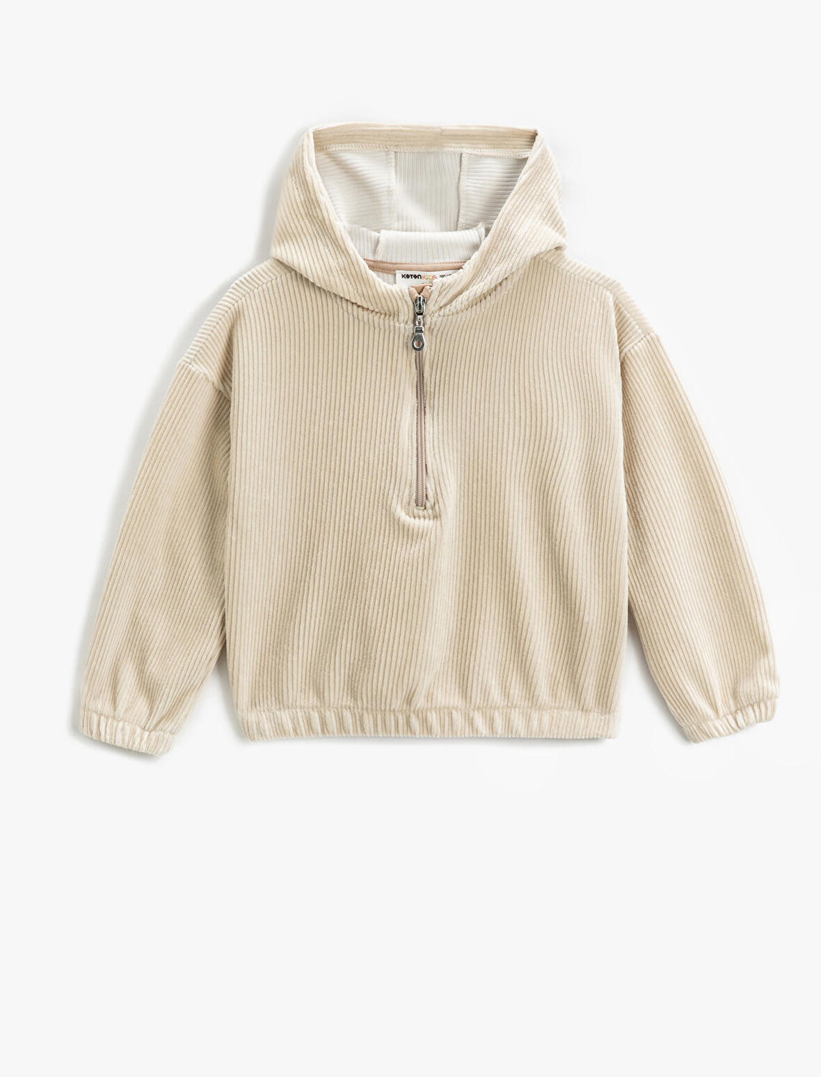 Kapşonlu Sweatshirt Fitilli Kadife Yarım Fermuar Detaylı 