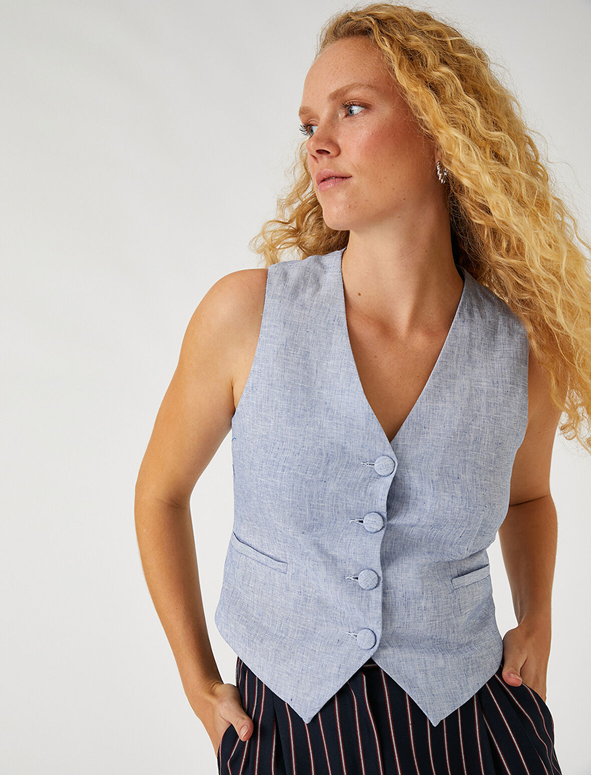 Keten Karışımlı Cepken Yelek