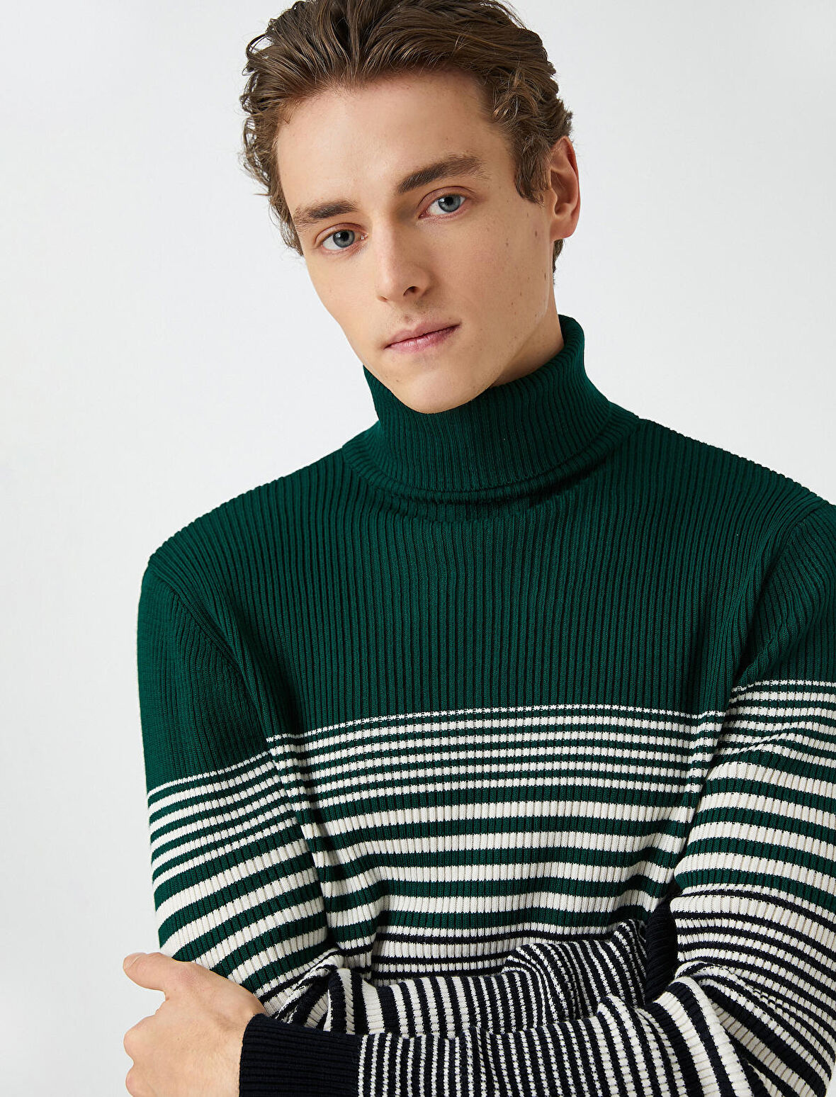 Basic Triko Kazak Balıkçı Yaka Renk Bloklu Dar Kesim