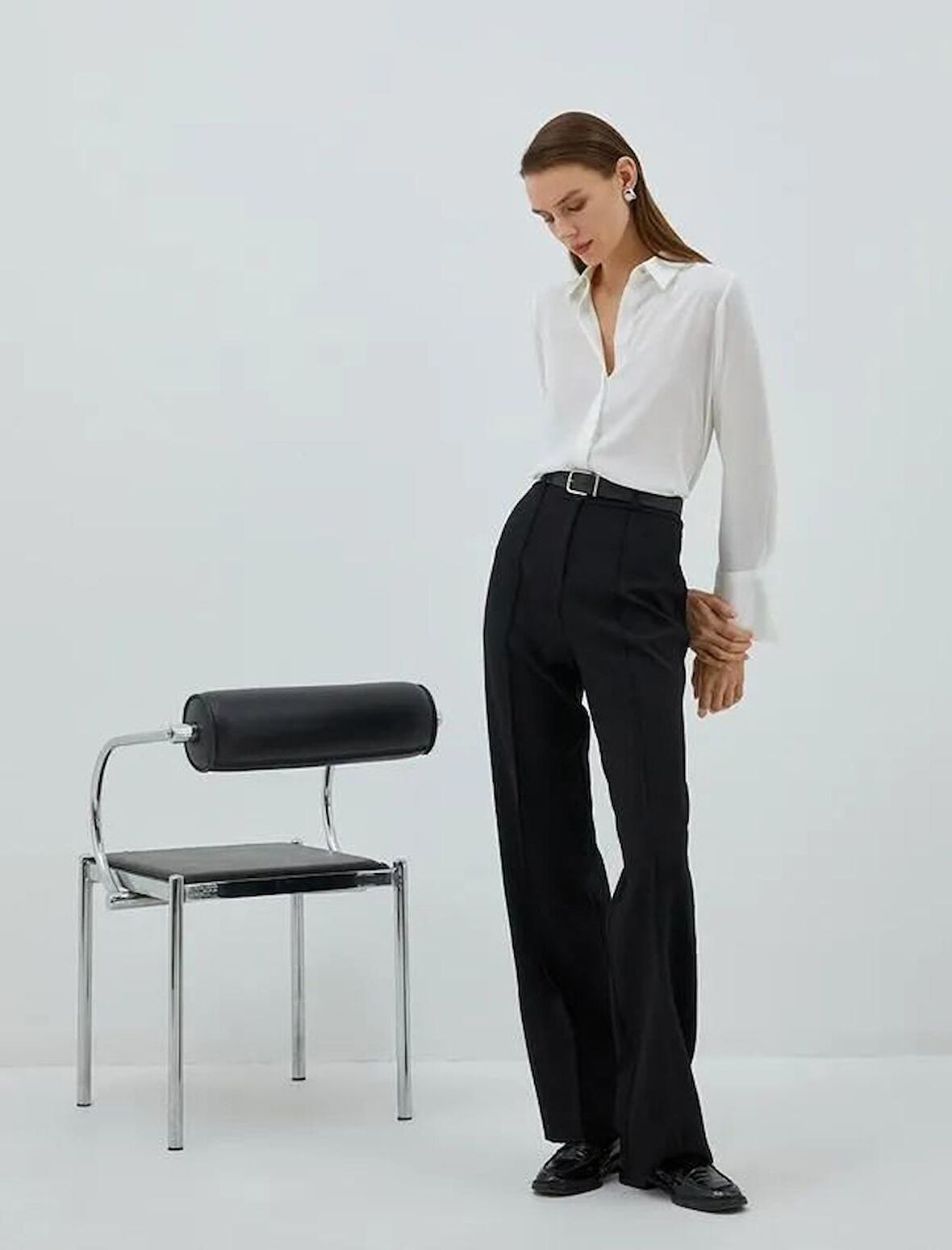 Kadın Giyim Gizli Düğmeli Gömlek Uzun Kollu 3SAK60027UW Kırık Beyaz