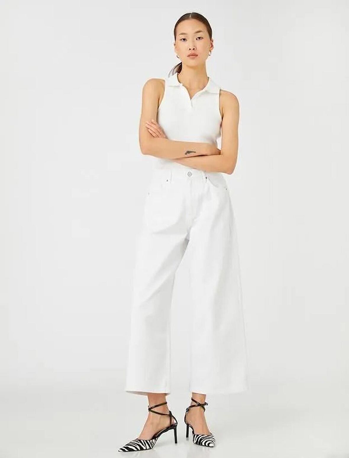 Kadın Giyim Yüksek Bel Kot Pantolon Bilek Boy Geniş Paça - Victoria Crop Jean 3SAL40059MD Kırık Beyaz