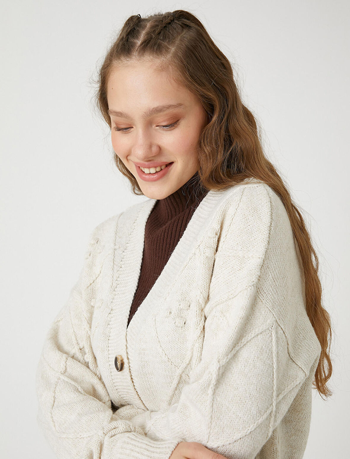 Crop Hırka Örgü V Yaka Uzun Kollu Düğmeli