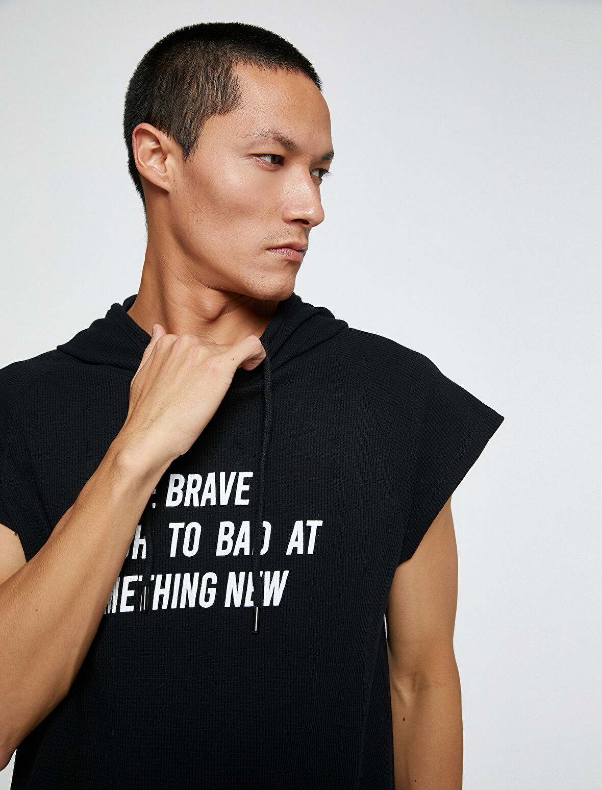 Basic Kapşonlu Spor Oversize Tişört Slogan Baskılı Kolsuz