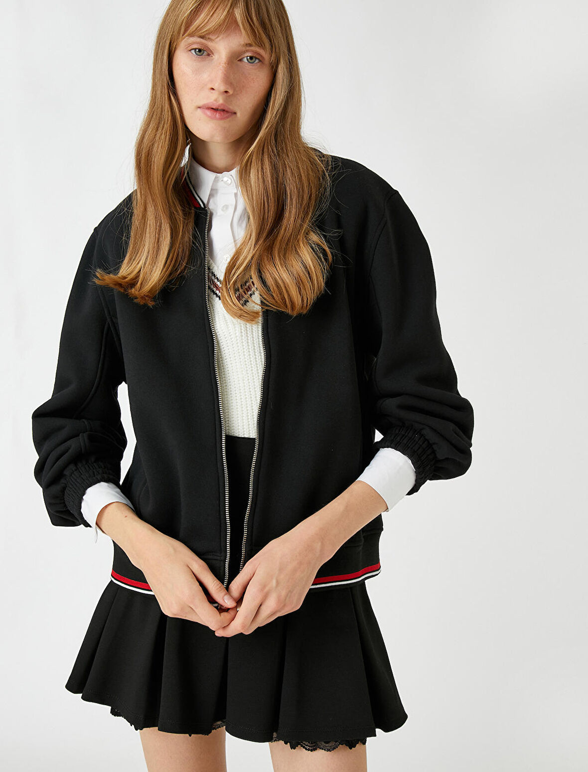 Bomber Fermuarlı Sweatshirt Şerit Detaylı