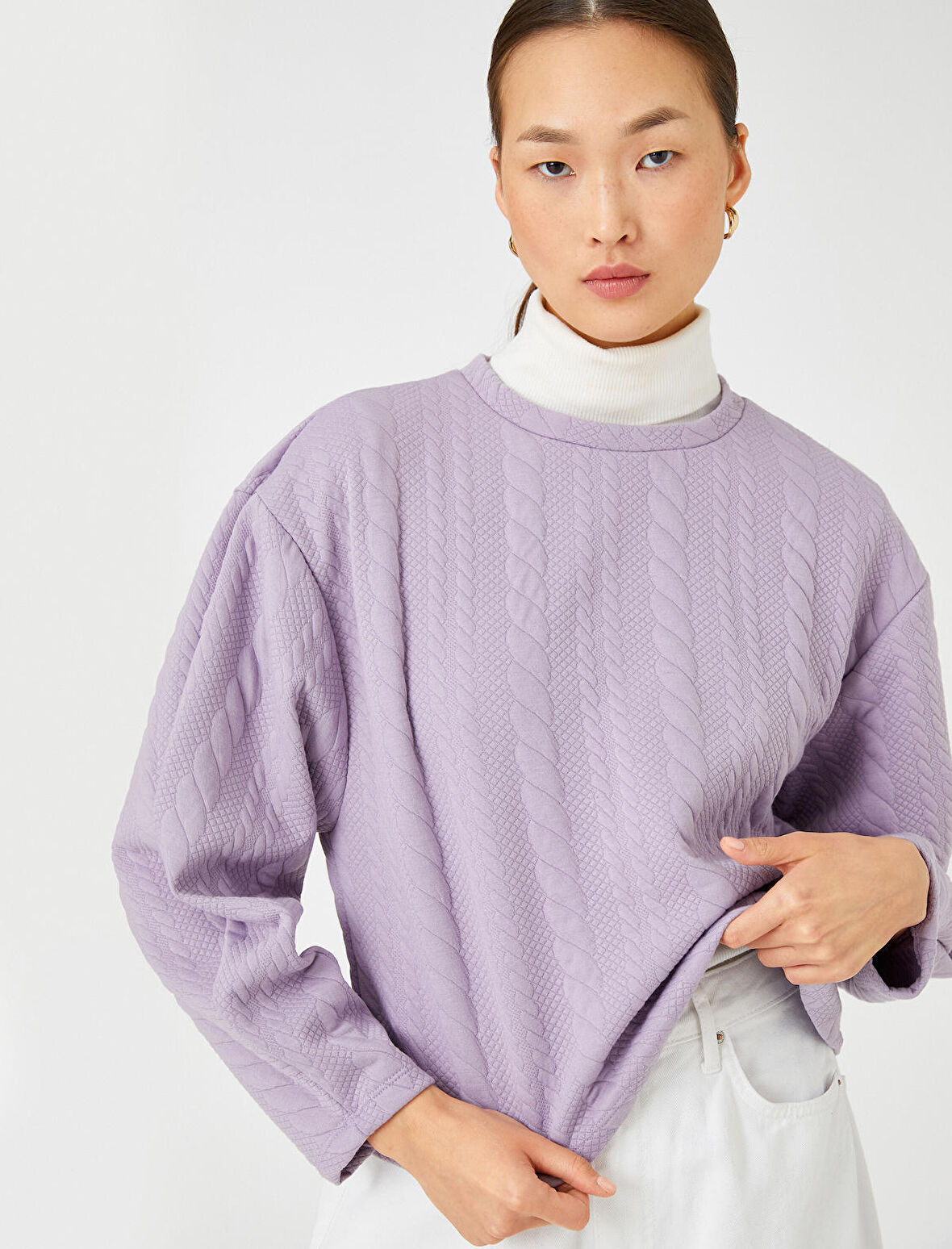 Crop Sweatshirt Örgü Desenli Uzun Kollu